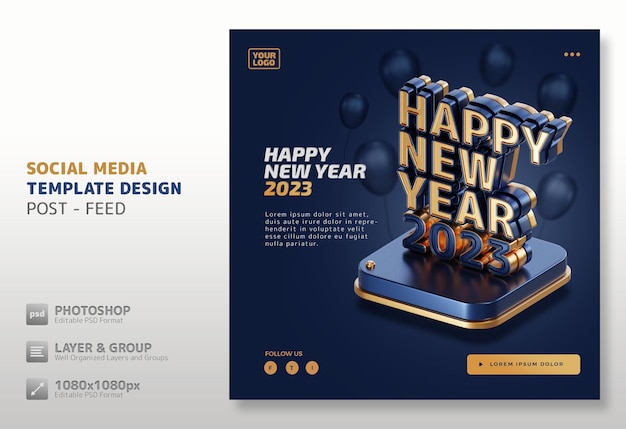 PSD happy new year 2023 high quality 3d render social media template post