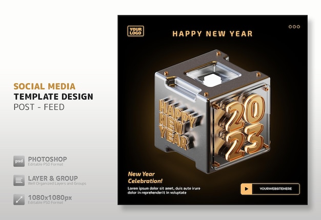 PSD happy new year 2023 high quality 3d render social media template post