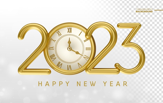 happy new year 2023 in 3d render with golden clock with transparent background template design