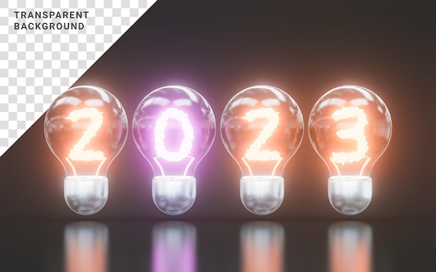 새해 복 많이 받으세요 2023 어두운 배경 3d 렌더링 개념에 빛나는 화려한 전구 내부
