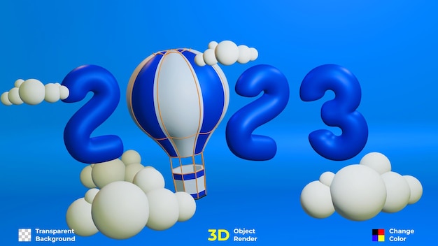 Happy new year 2023. new year celebration with 3d hot air balloon