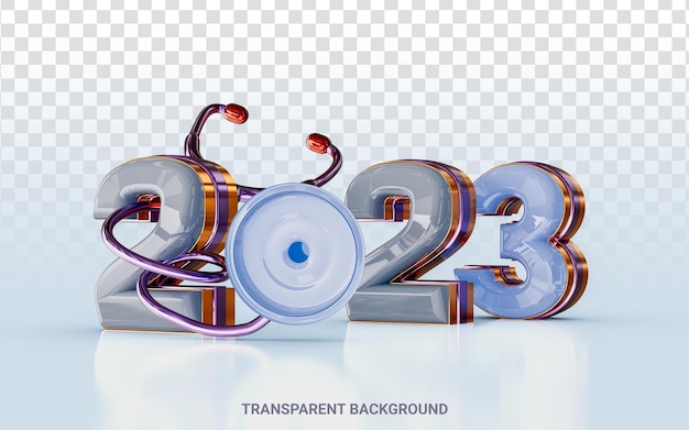 PSD happy new year 2023 with statoscope golden and glass effect 3d render concept for health care