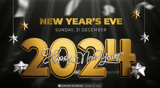 PSD happy new year 2024 3d golden banner design template