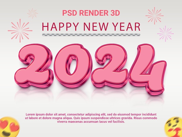 Happy new year 2024 3d poster or banner design with style color pink