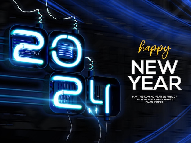 Happy new year 2024 3d render golden design template number font gold futuristic neon