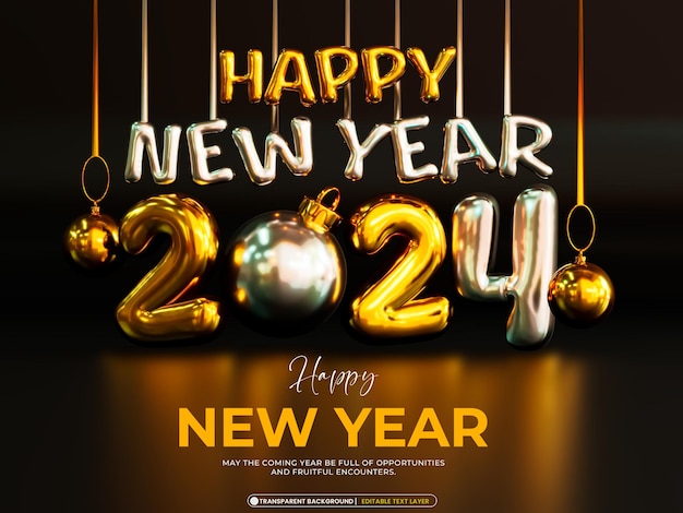 PSD happy new year 2024 banner design 3d render concept