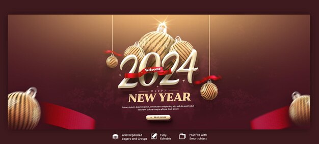 PSD happy new year 2024 celebration facebook cover post design or banner template