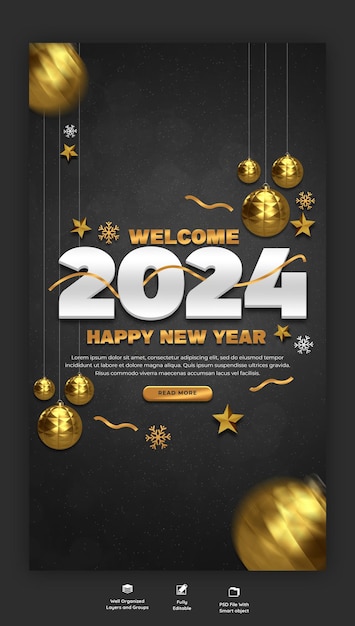 PSD Счастливого нового года 2024 празднование instagram и facebook история пост дизайн или шаблон баннера