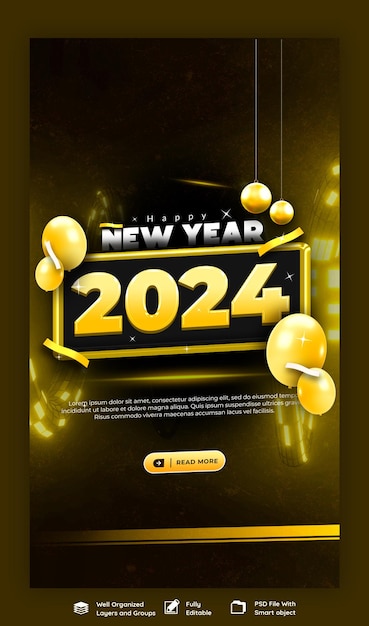 PSD happy new year 2024 celebration instagram and facebook story post design or banner template