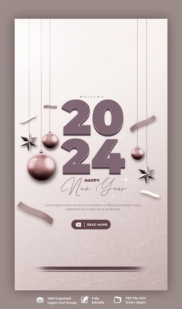 PSD happy new year 2024 celebration instagram and facebook story post design or banner template