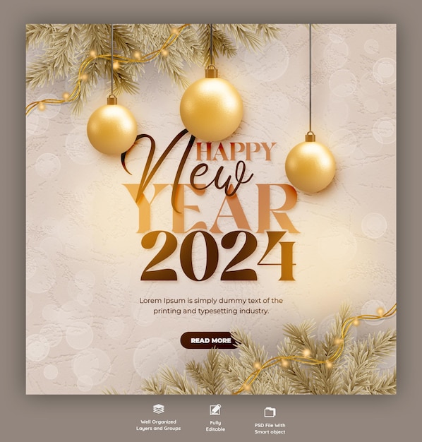 PSD happy new year 2024 celebration social media post design or banner template