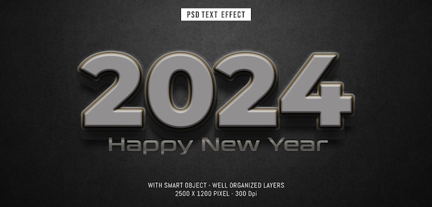 PSD С новым годом 2024 темный жирный стиль с редактируемым 3d текстовым эффектом