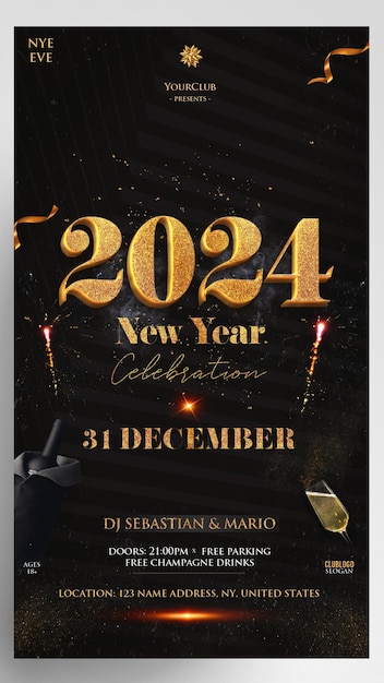 PSD happy new year 2024 eve instagram story flyer