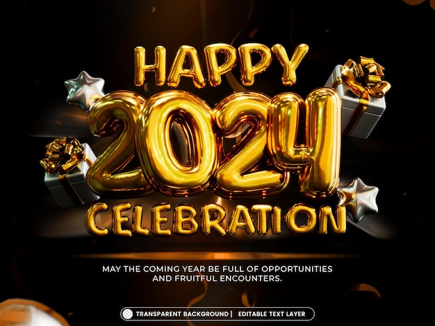 PSD happy new year 2024 foil balloon 3d render template