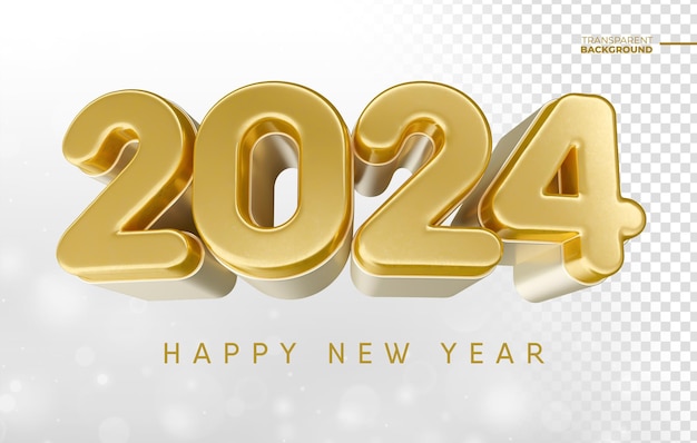 PSD happy new year 2024 in golden 3d render with transparent background template design