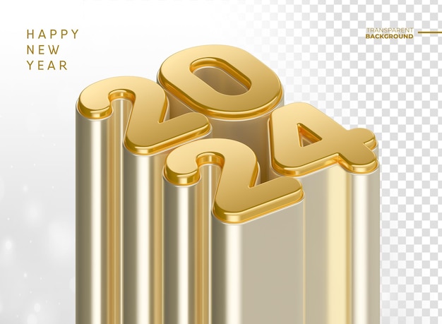 PSD felice anno nuovo 2024 in rendering 3d dorato con design del modello di sfondo trasparente