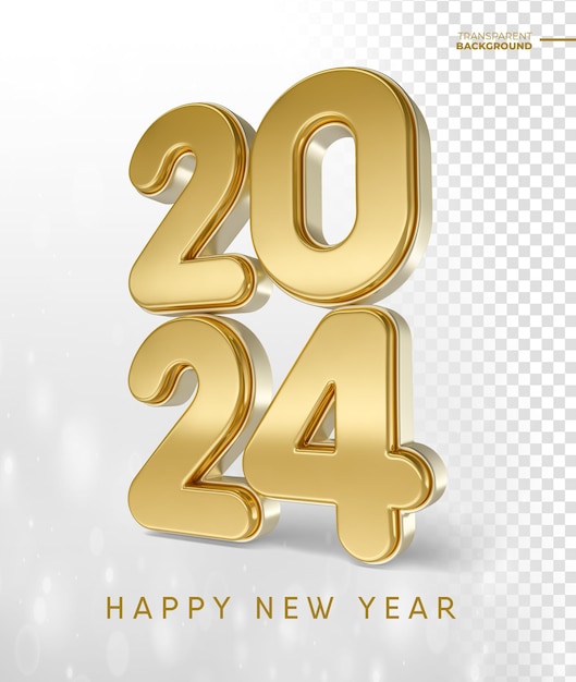 Happy new year 2024 in golden 3d render with transparent background template design