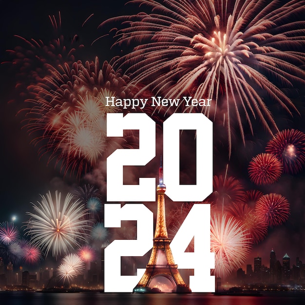 Happy new year 2024 poster design with fireworks and eiffel tower in background