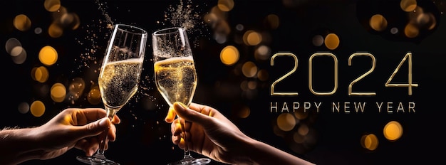 Buon anno 2024 modello di poster con un bicchiere di champagne e sfondo bokeh