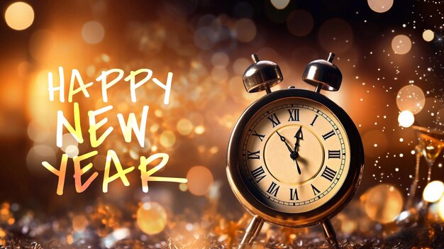 Happy new year 2024 poster template with wecker and bokeh background