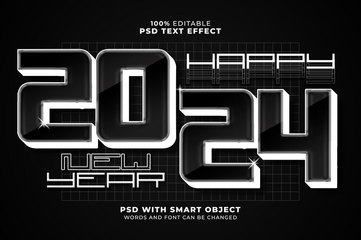 PSD happy new year 2024 vector calligraphy design usable for poster and postcard