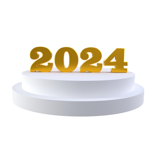 Happy new year 2024 with shiny 3d golden numbers on white podium isolated transparent png holiday gold celebration design premium element for posters banners calendar and greeting card