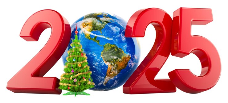 PSD happy new year 2025 and merry christmas concept with christmas tree and earth globe 3d rendering isolated on transparent background