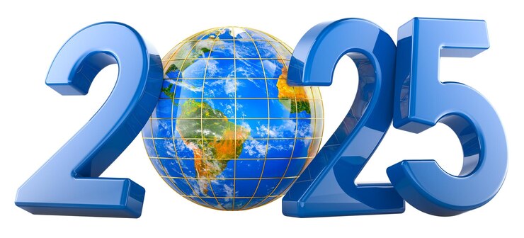 PSD happy new year 2025 and merry christmas concept with earth globe 3d rendering isolated on transparent background