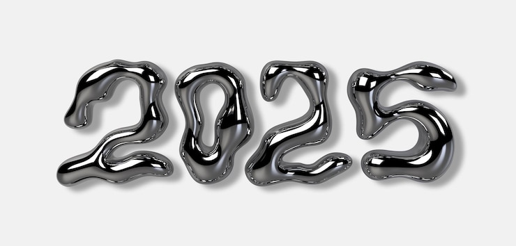 PSD happy new year 2025 text design 3d chrome liquid font silver bubble typeface