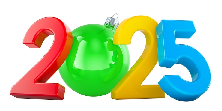 PSD happy new year 2025 with christmas ball 3d rendering isolated on transparent background