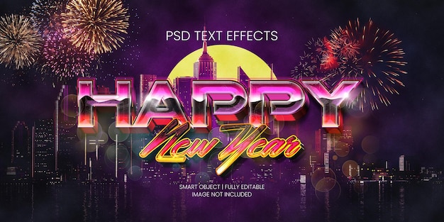 PSD felice anno nuovo effetto testo 3d anni '80