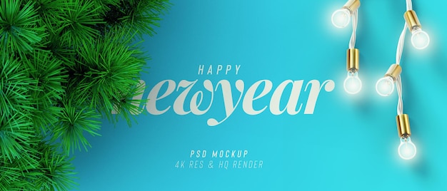 Mockup di sfondo di felice anno nuovo con albero di pino decorativo ciao sfondo invernale vista frontale