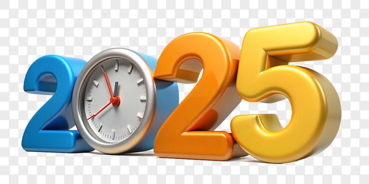PSD happy new year colorful neon 3d 2025 text with clock highresolution transparent png