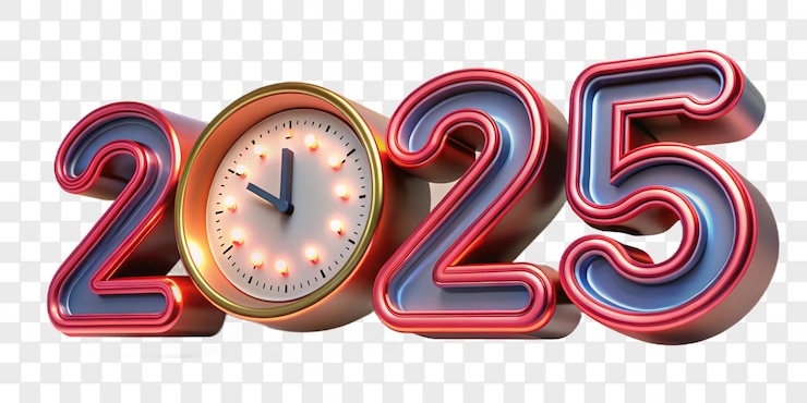 PSD happy new year colorful neon 3d 2025 text with clock highresolution transparent png