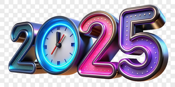 PSD happy new year colorful neon 3d 2025 text with clock highresolution transparent png