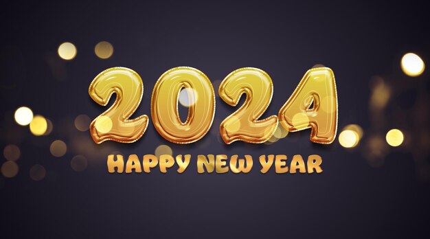 PSD buon anno nuovo effetto testo palloncino d'oro mockup