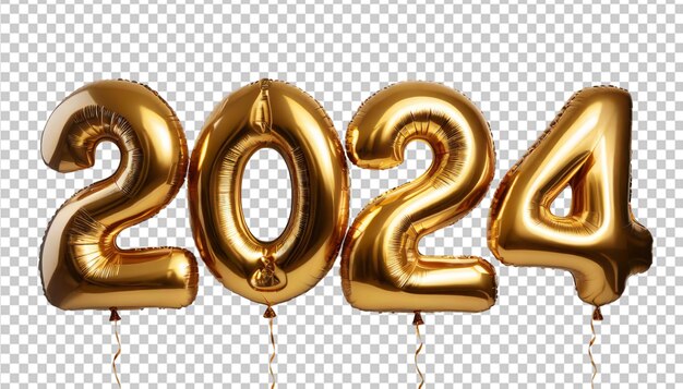 PSD happy new year golden helium balloons 2024 on transparent background