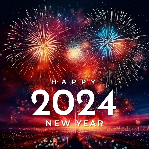 Buon anno, post sui social media con fuochi d'artificio colorati