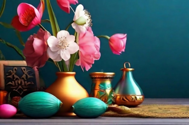 PSD happy nowruz day objects set collection of design elements with potted grass hyacinth flowers