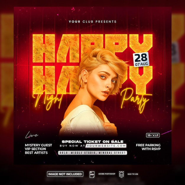 Happy party night club flyer square flyer-sjabloon