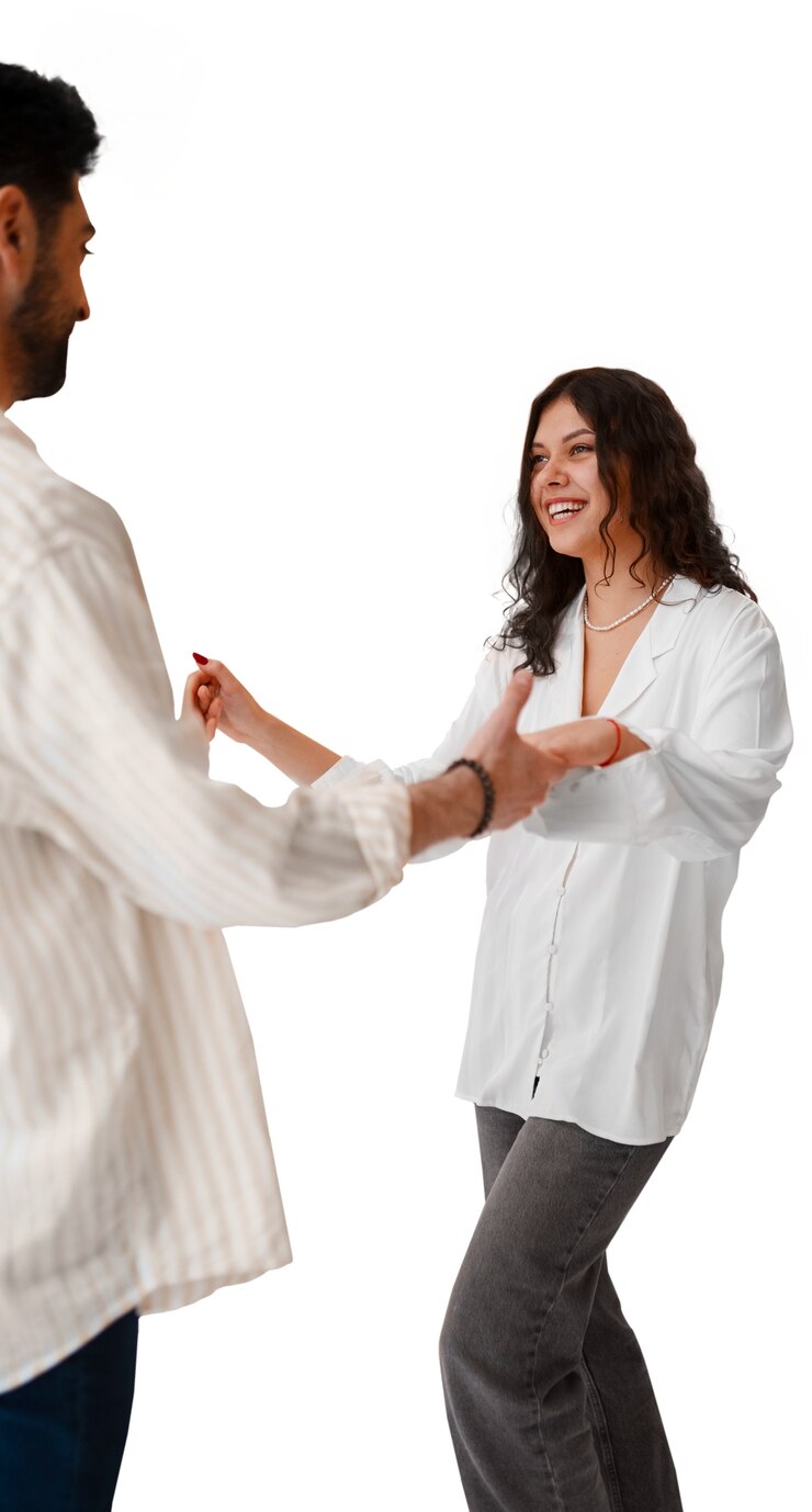 PSD happy people dancing together isolated