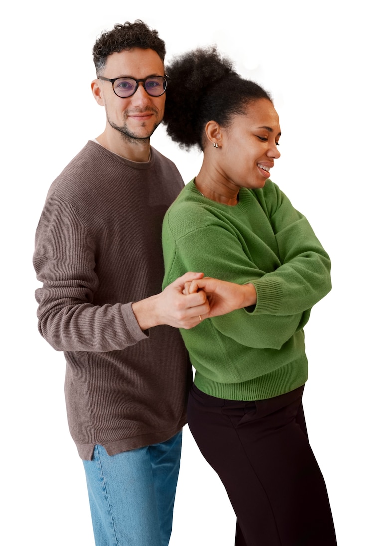 PSD happy people dancing together isolated