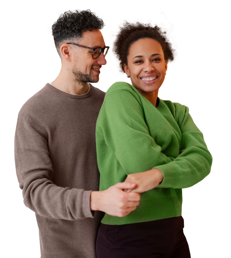 PSD happy people dancing together isolated