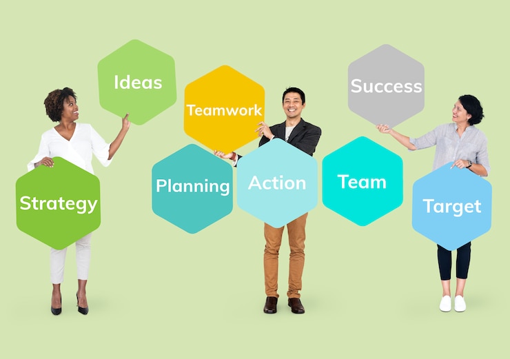 PSD happy people with a business plan