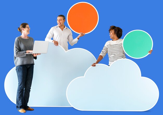 Happy people with cloud and technology icons