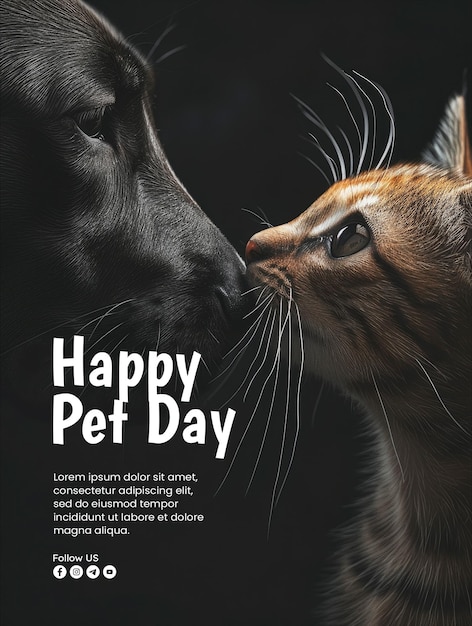 Happy pet day poster template with isolated dog and cat background