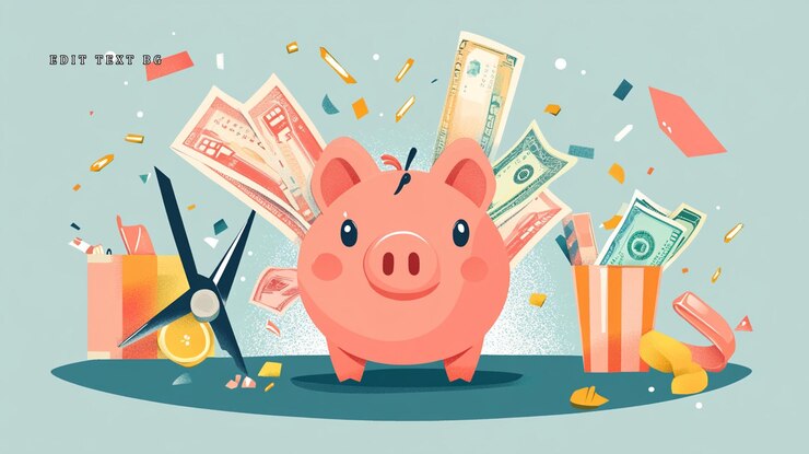 PSD お金とコンフェッティで満たされた幸せなピンキーバンクが 財政的な成功を祝っています