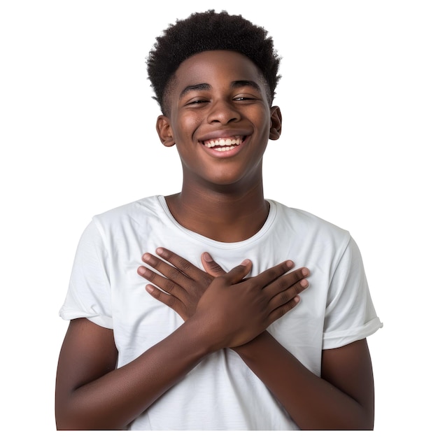 PSD Счастливый, довольный, взволнованный, благодарный афроамериканский подросток.