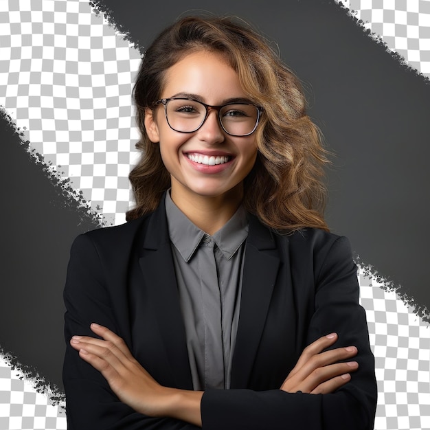 PSD happy professional woman hands clasped transparent background arms crossed