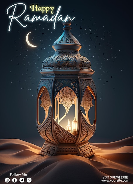 Happy ramadan poster with a background of lanterns moon and stars